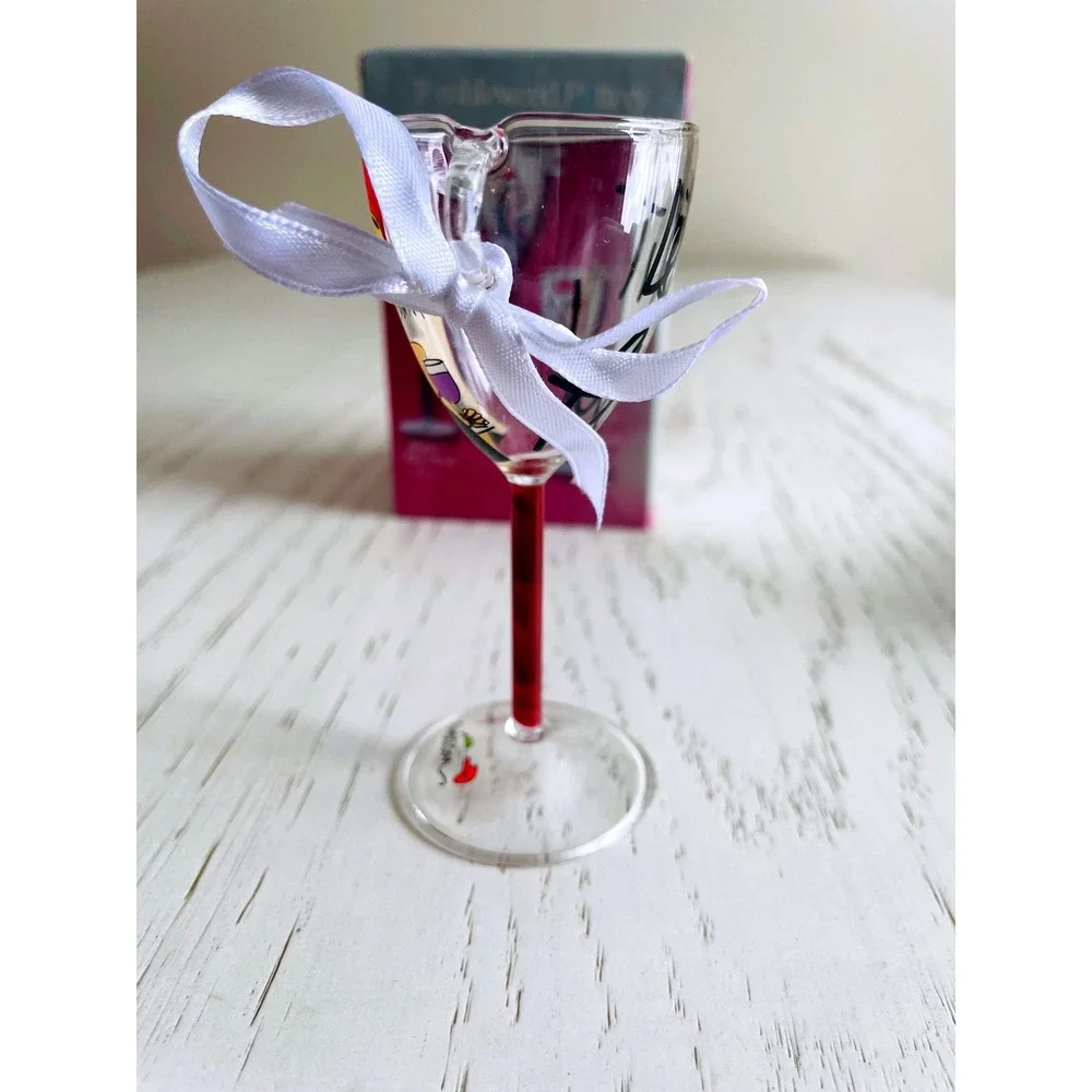 Tumbleweed Pottery Let It‎ Flow Wine Glass Ornament Hand Painted Mini Boxed